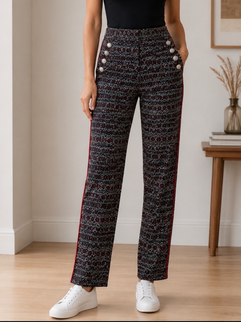 NWT Sun Light Ikat Print Straight Leg Pants Red Black White Medium